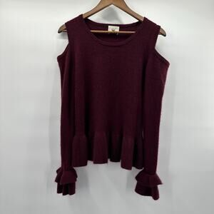 Qi Cashmere Sweater Womens Large Purple Burgundy Peplum Ruffle Knit Light Weight